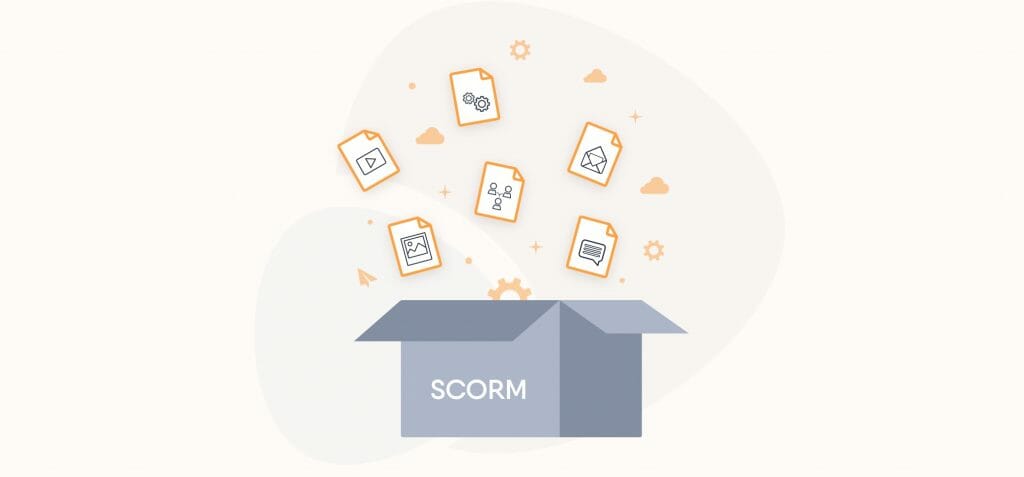 6 vignettes sortant d'une boîte sur laquelle il est écrit "SCORM".