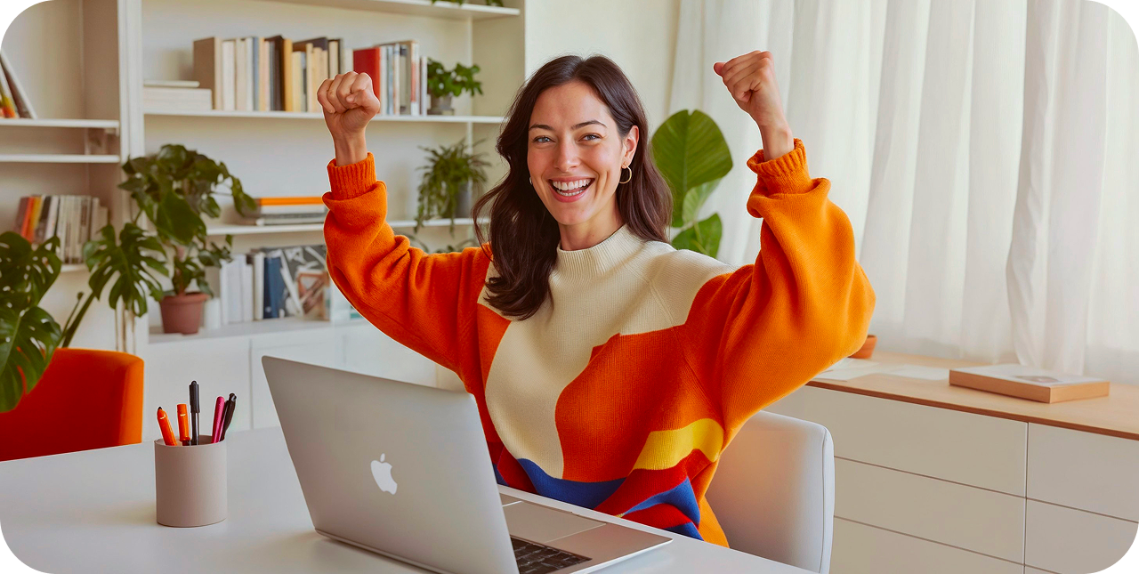 A person sits at a desk with a laptop, raising their arms in celebration. They wear a colorful sweater, and bookshelves are visible in the background.